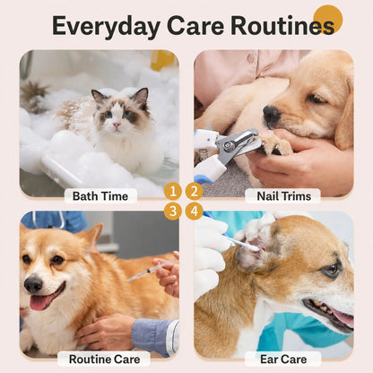 Everyday pet care routines including bathing, nail trims, routine care and ear care