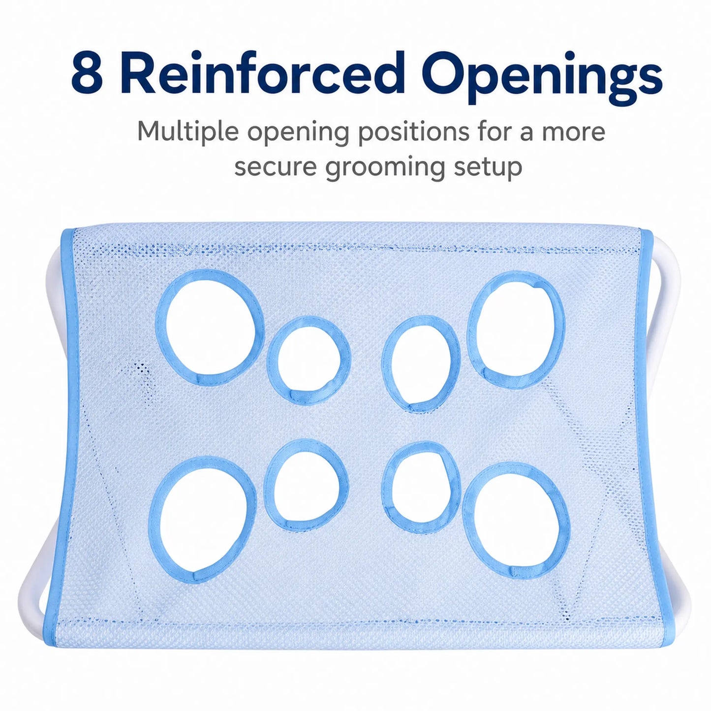 Eight reinforced openings on cloud blue pet grooming hammock mesh panel