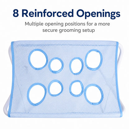 Eight reinforced openings on cloud blue pet grooming hammock mesh panel