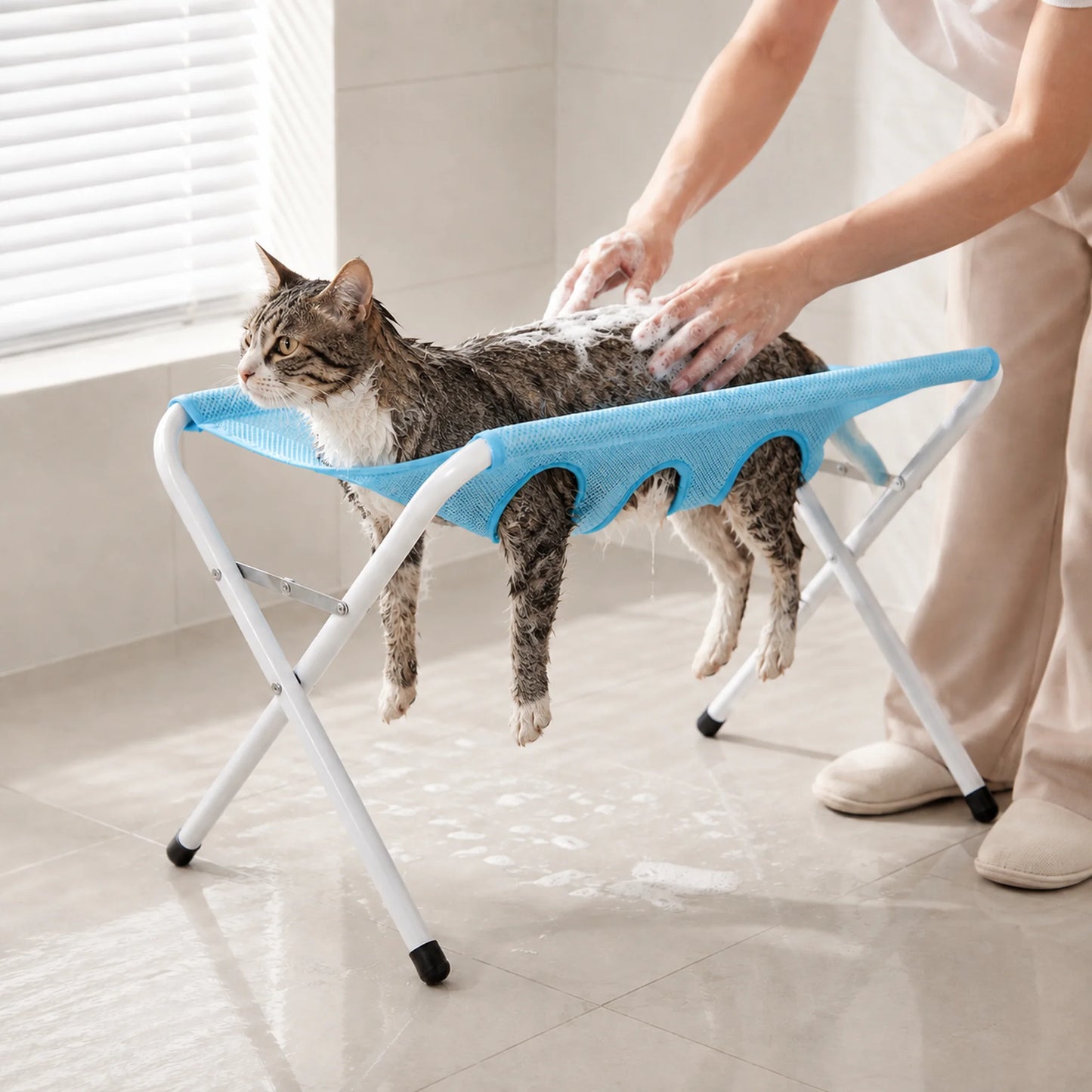 Cat being washed in a cloud blue pet grooming hammock stand