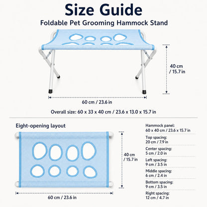Size guide for foldable pet grooming hammock stand
