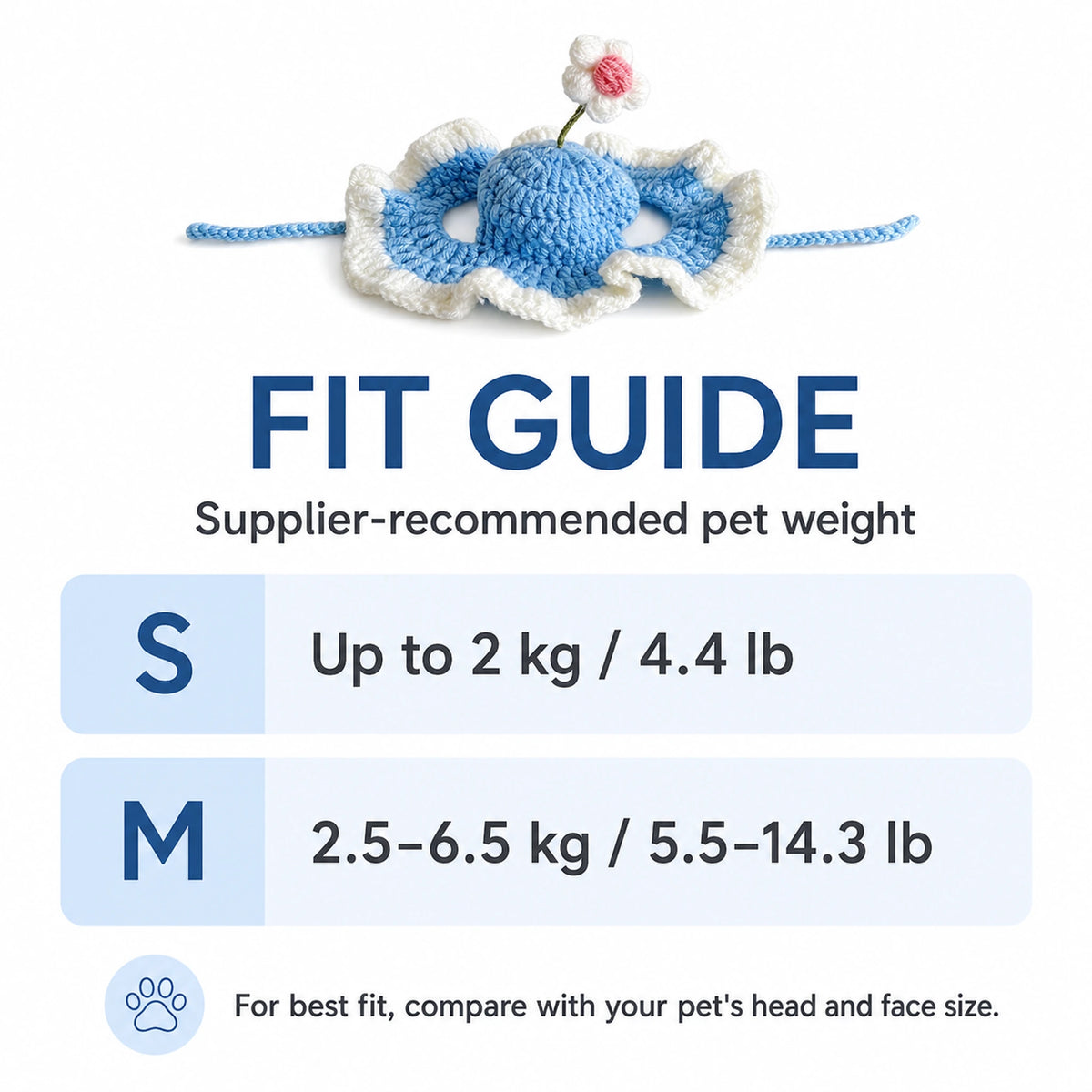 Fit guide showing supplier-recommended pet weight ranges for S and M flower pet headpieces
