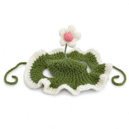 Green crocheted flower pet headpiece with white scalloped trim and tie strings