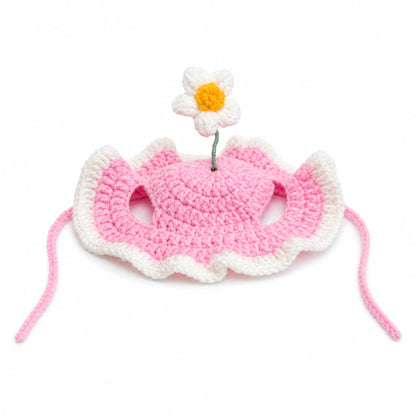 Pink crocheted flower pet headpiece with white scalloped trim and tie strings