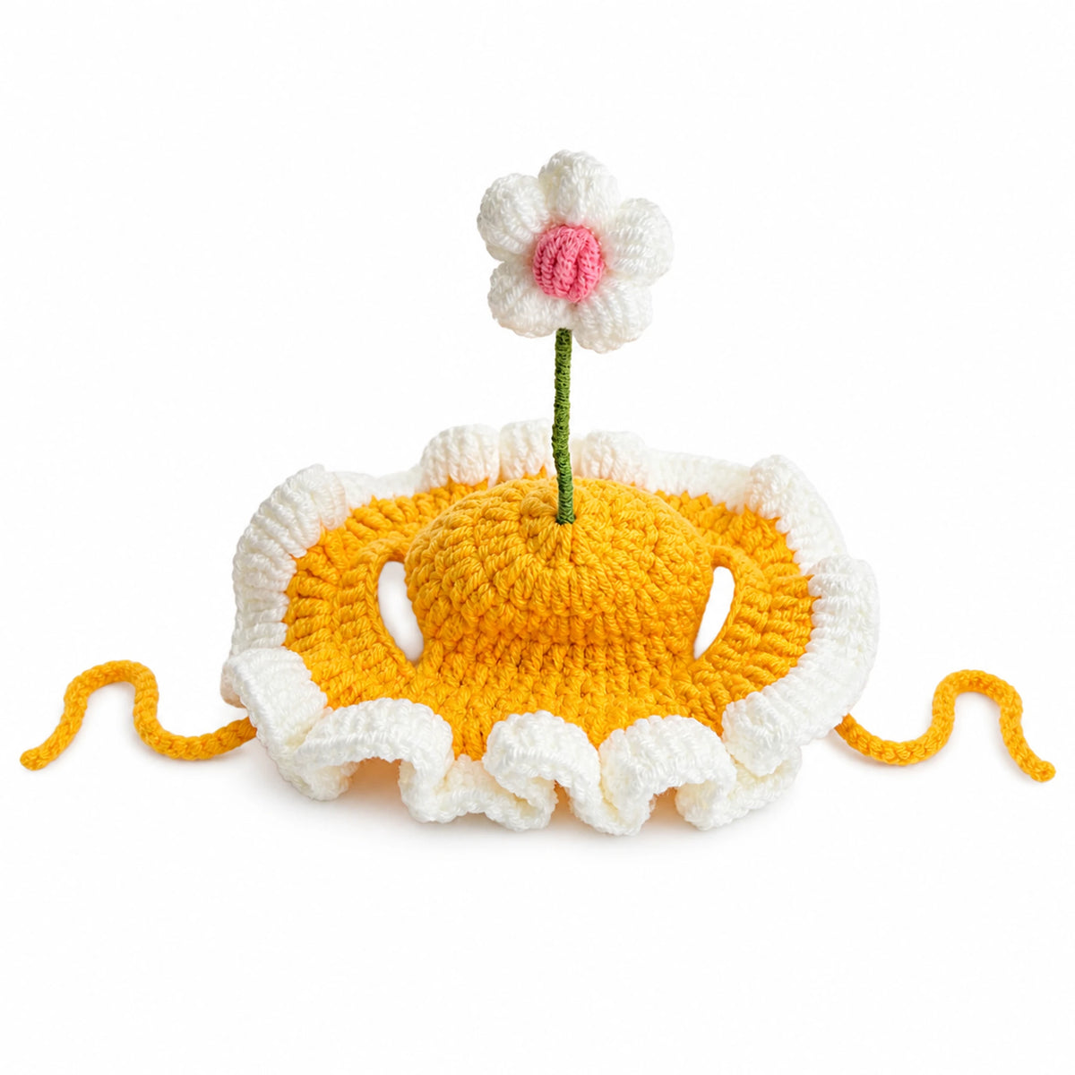 Yellow crocheted flower pet headpiece with white scalloped trim and tie strings