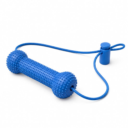 Blue dog brushing aid with a nubbed dumbbell body, cord attached at both ends and one push-button lock.