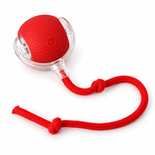 Red interactive cat ball with clear side housings and a matching knotted rope tail.
