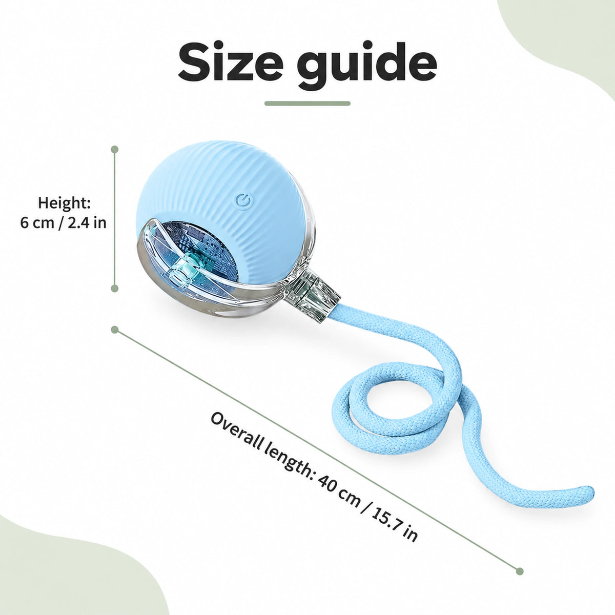 Cat ball size guide showing 6 cm height and 40 cm overall length, with inch equivalents.
