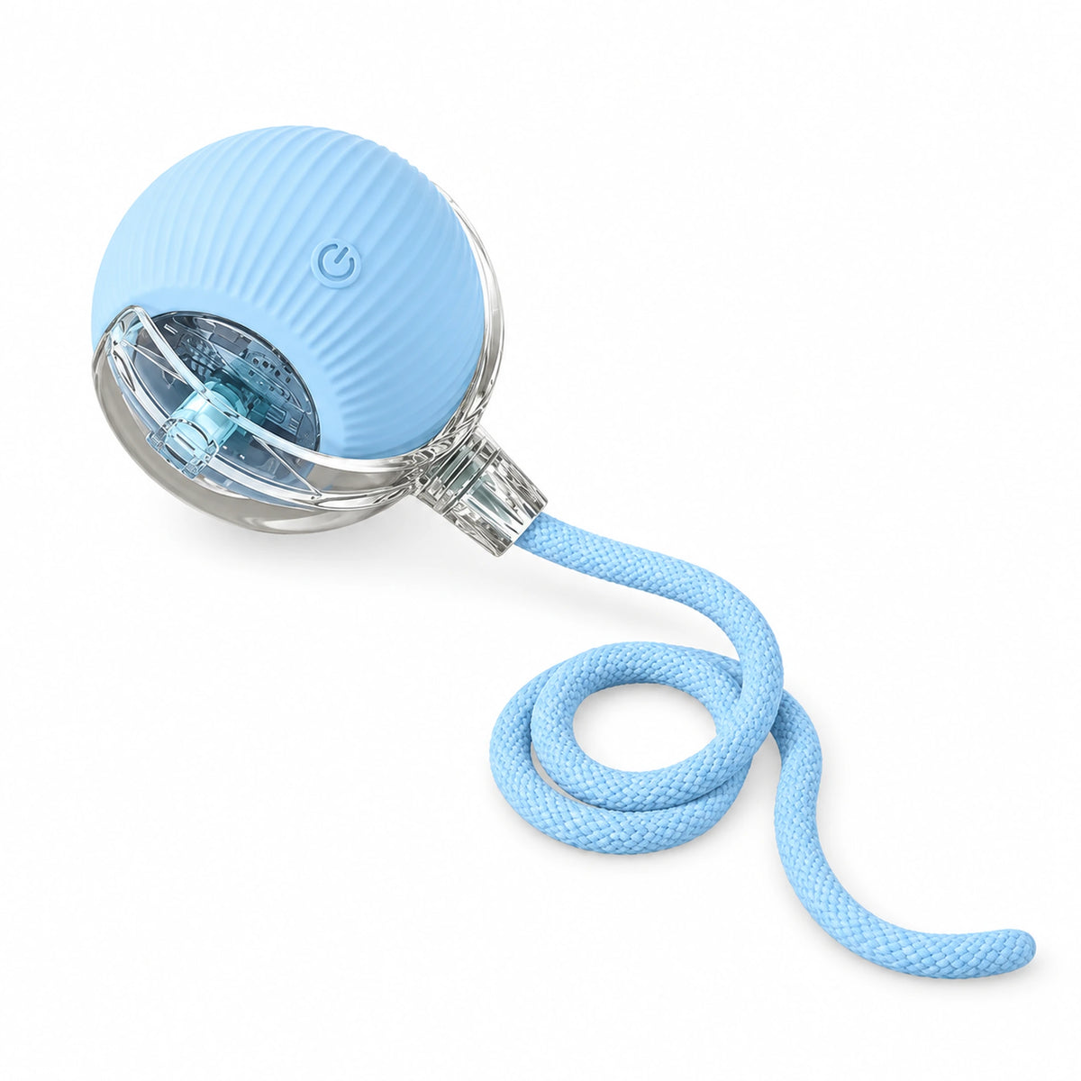 Light blue interactive cat ball with clear side housings and a coiled blue rope.