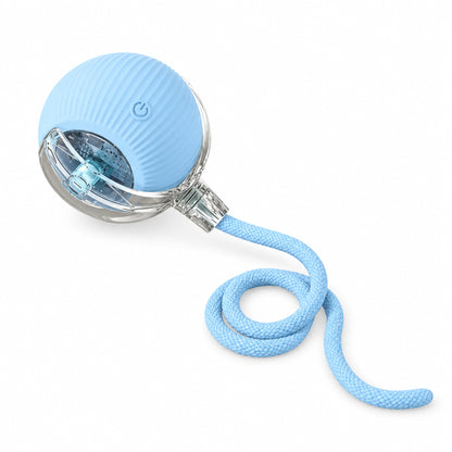 Light blue interactive cat ball with clear side housings and a coiled blue rope.