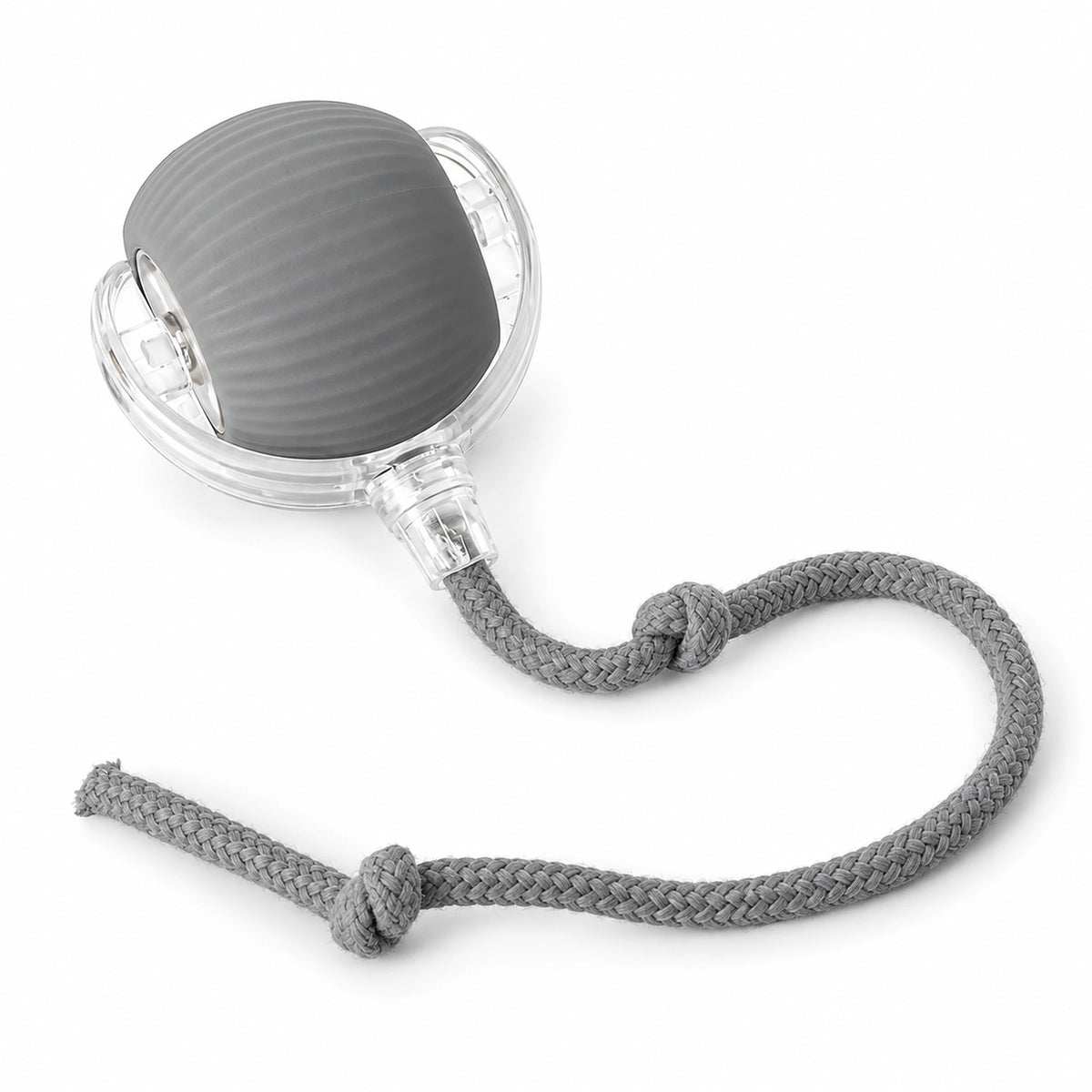 Gray interactive cat ball with a ribbed body and matching knotted rope tail.