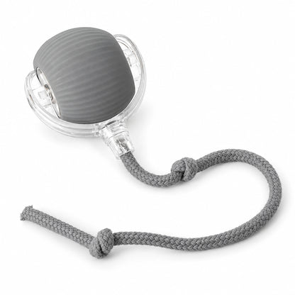 Gray interactive cat ball with a ribbed body and matching knotted rope tail.