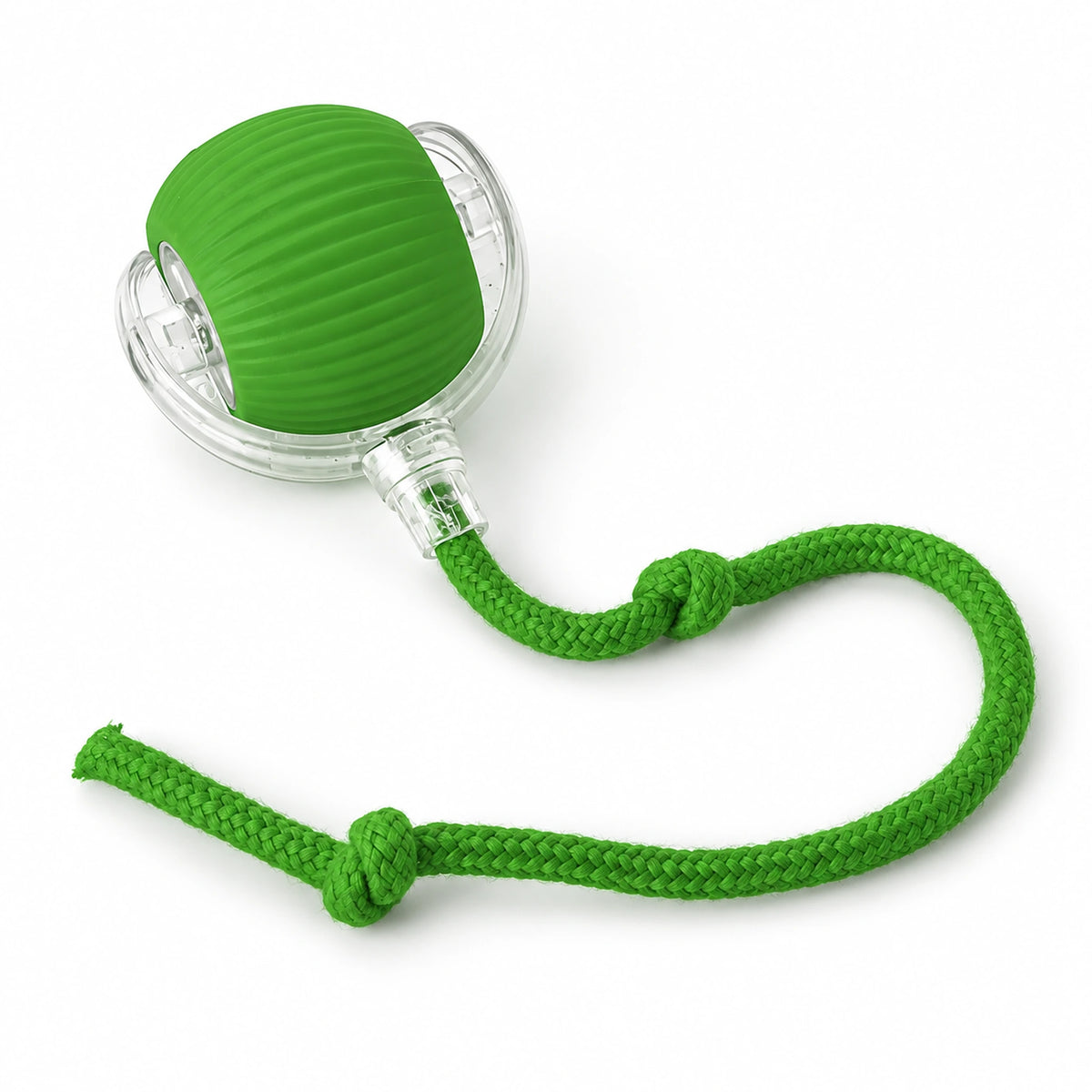 Green interactive cat ball with a ribbed body and matching knotted rope tail.