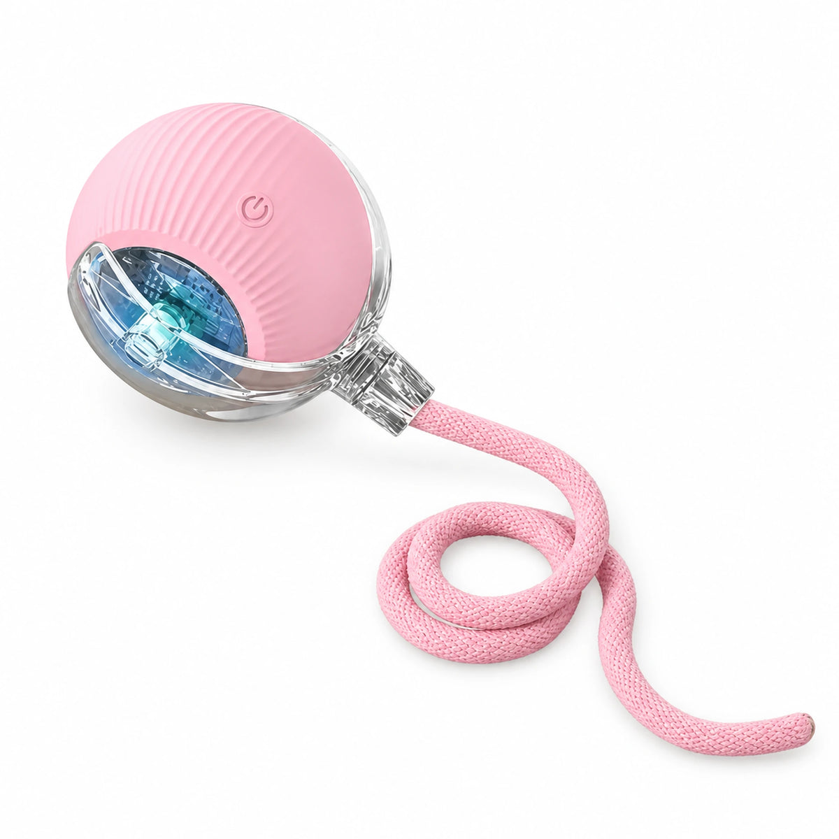 Pink interactive cat ball with transparent side housings and a coiled pink rope.