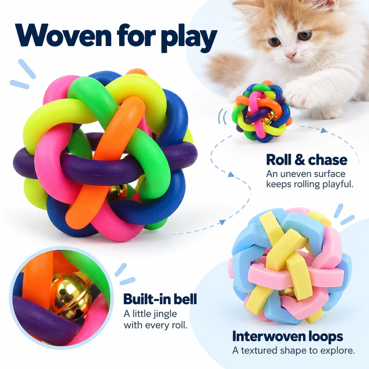 Woven bell ball features showing the built-in bell, interwoven loops and roll-and-chase play.