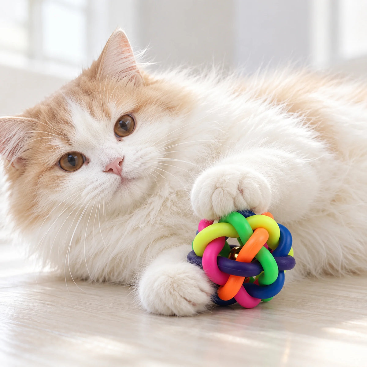 Cream-and-white cat resting a paw on a rainbow woven bell ball.