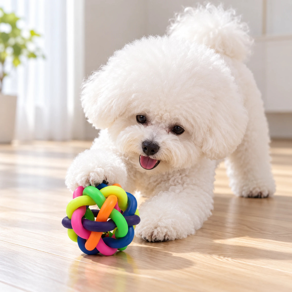 White Bichon Frise playing with a rainbow woven bell ball on a wood floor.