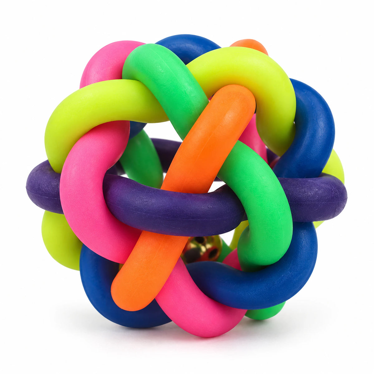 Rainbow woven bell ball with rounded multicolor loops and a gold-tone bell.