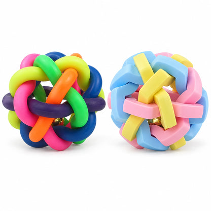 Rainbow and pastel woven bell balls side by side on a white background.