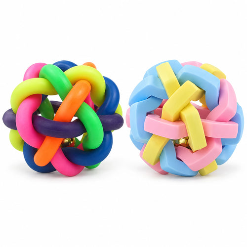 Rainbow and pastel woven bell balls side by side on a white background.