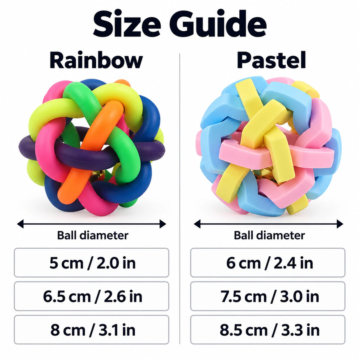 Woven bell ball diameter guide: Rainbow 5, 6.5 and 8 cm; Pastel 6, 7.5 and 8.5 cm, with inch equivalents.
