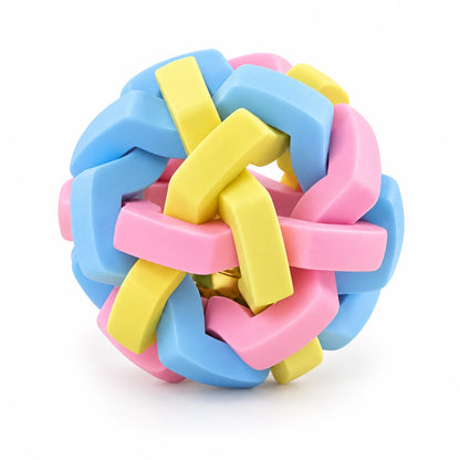 Pastel woven bell ball with flat blue, pink and yellow strips and a gold-tone bell.