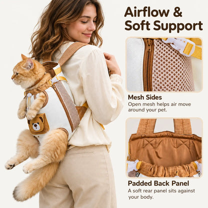 Brown bear pet carrier showing mesh sides and a padded rear panel