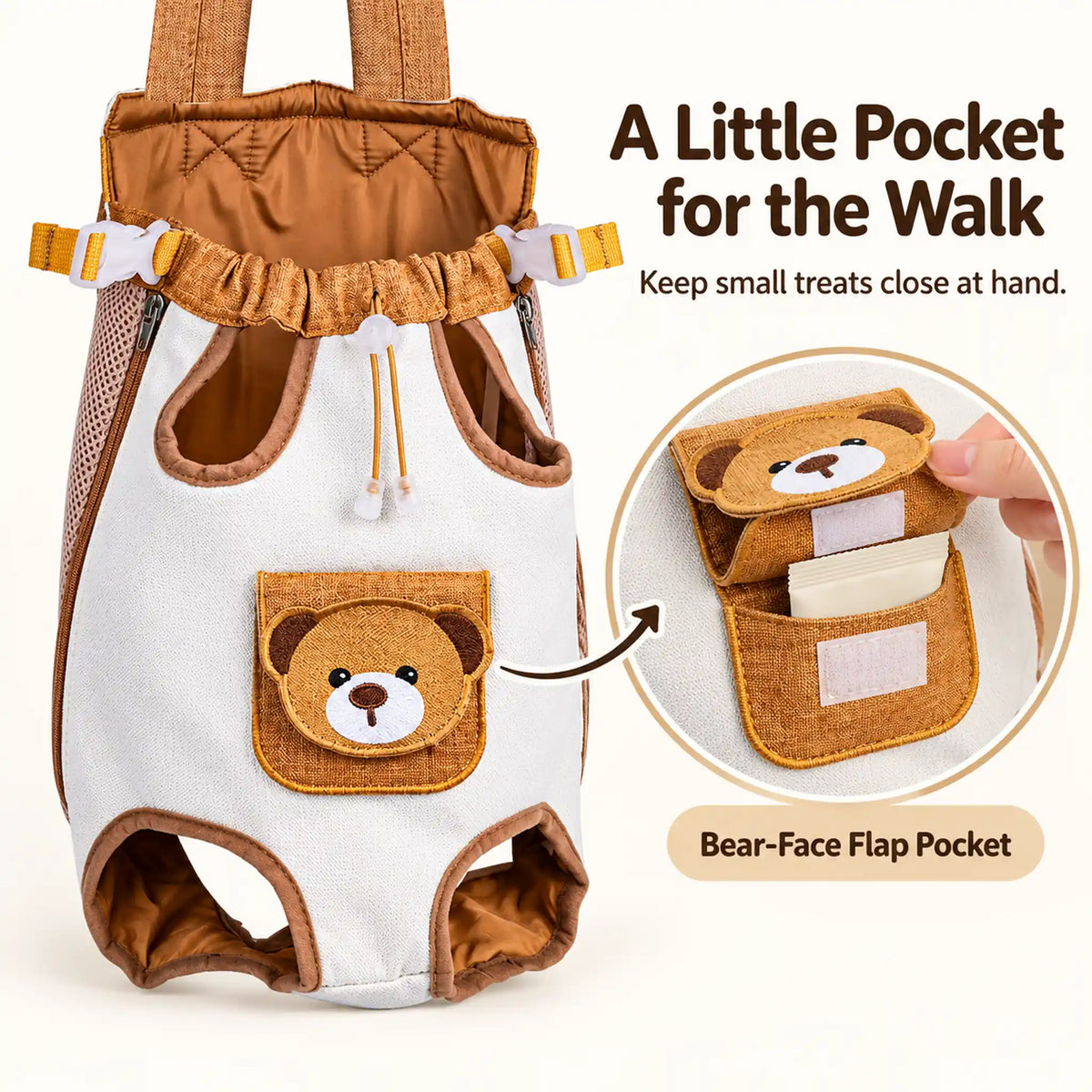 Bear-face flap pocket on the brown-and-cream carrier, with a small treat packet shown inside