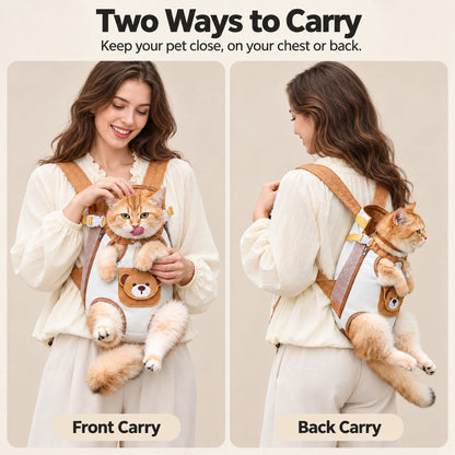 Front and back carrying positions for the brown bear pet carrier with a ginger cat