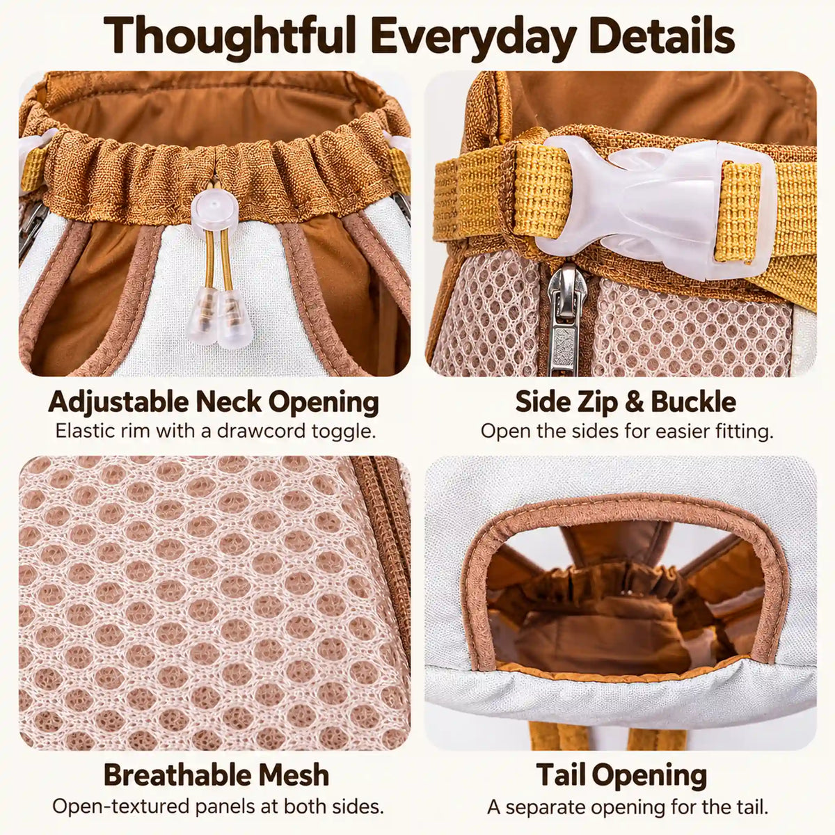 Carrier details showing the adjustable neck opening, side zipper and buckle, mesh and tail opening