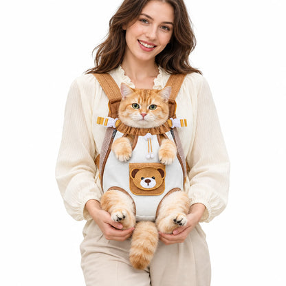 Ginger cat in a brown-and-cream bear-face pet carrier worn at the front on a white background
