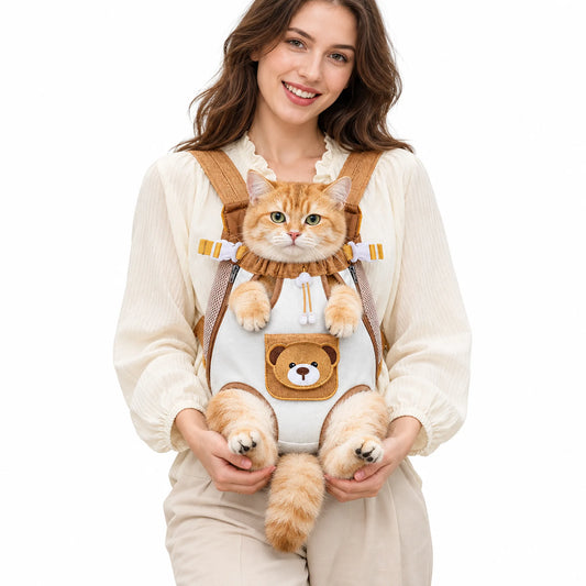 Ginger cat in a brown-and-cream bear-face pet carrier worn at the front on a white background