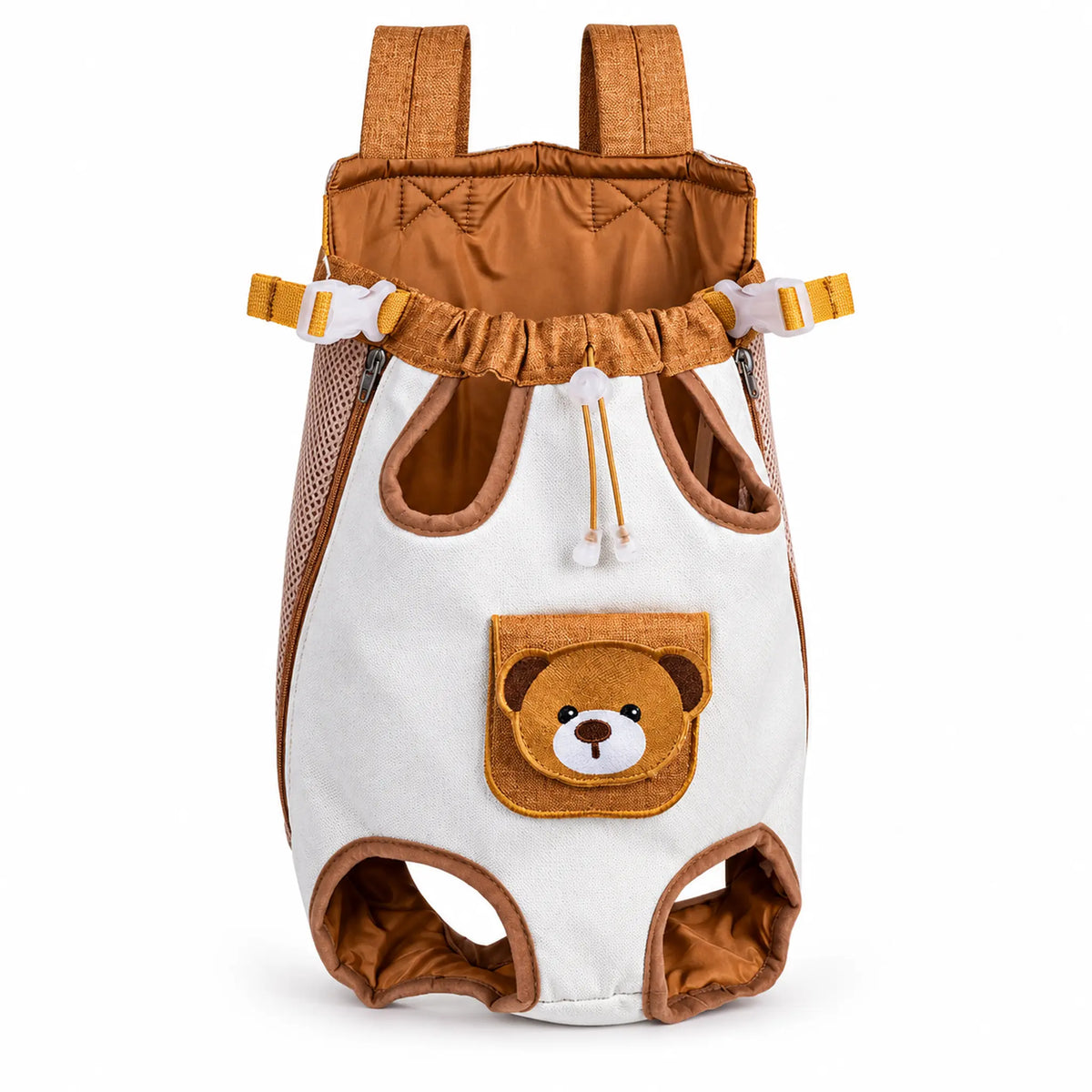 Brown-and-cream bear-face pet carrier with shoulder straps, mesh sides and bound leg openings