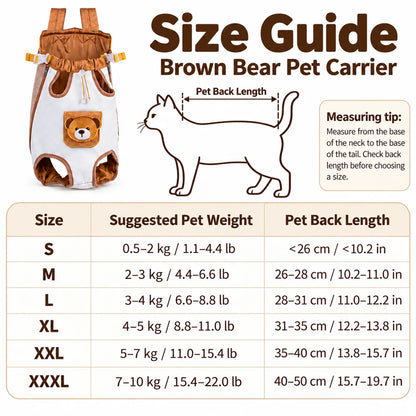 Brown bear pet carrier size guide from S to XXXL with suggested pet weight and back length in metric and imperial units