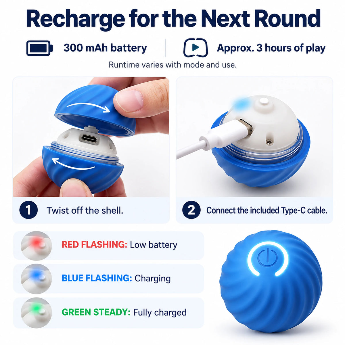 Type-C charging steps for the opened ball with a 300 mAh battery, approximate three-hour runtime and indicator colors