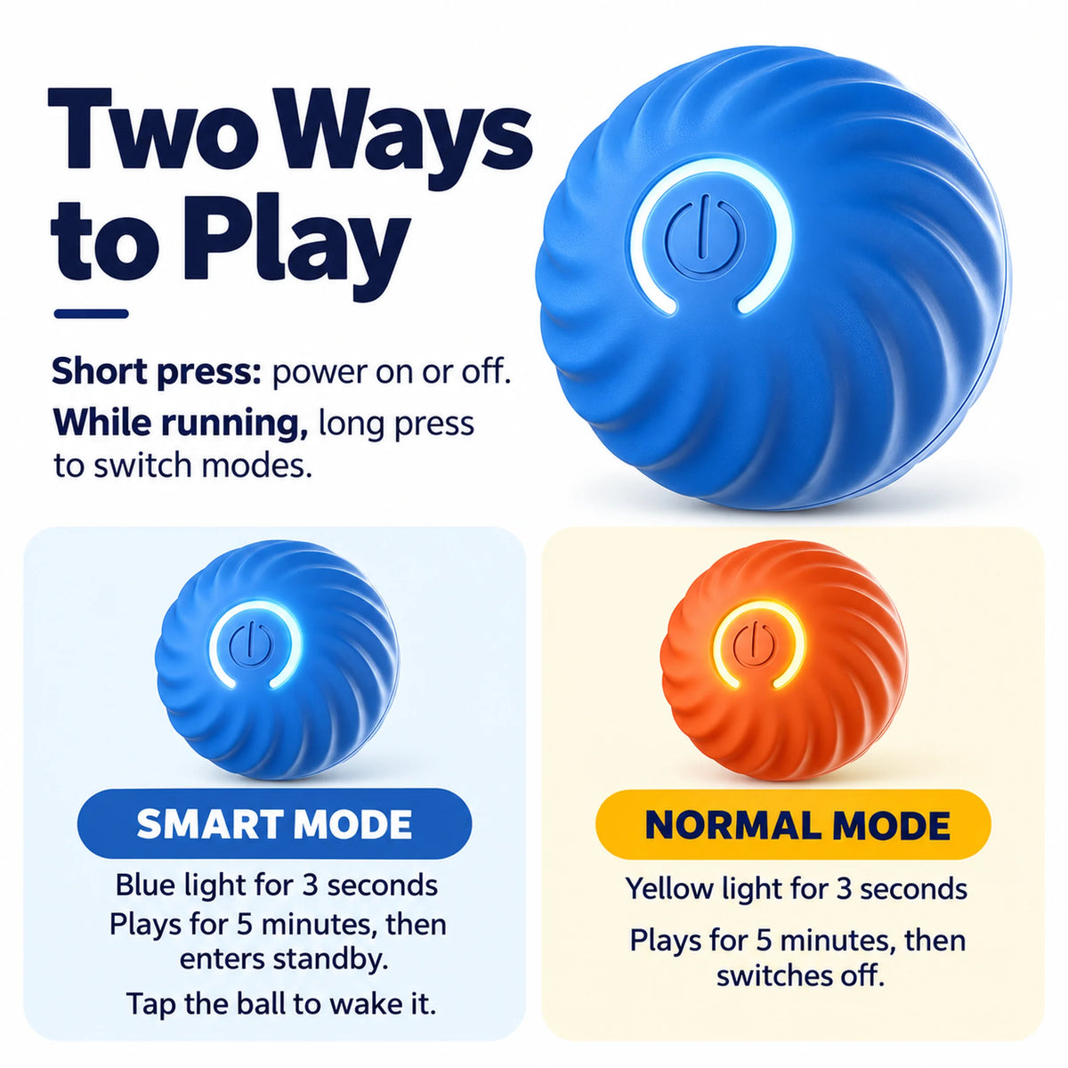Smart and Normal play modes with five-minute operation, blue and yellow indicators and tap-to-wake instructions