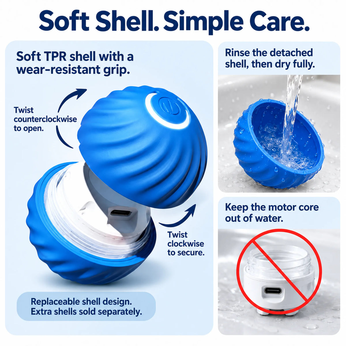 Blue ball shell removal and care guide showing a detached shell being rinsed and the motor core kept out of water