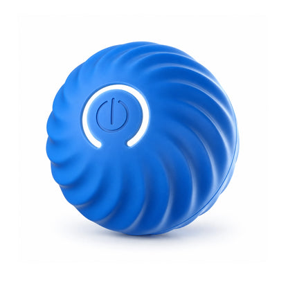 Blue rechargeable bouncing dog ball with spiral ribs, recessed power button and open light ring