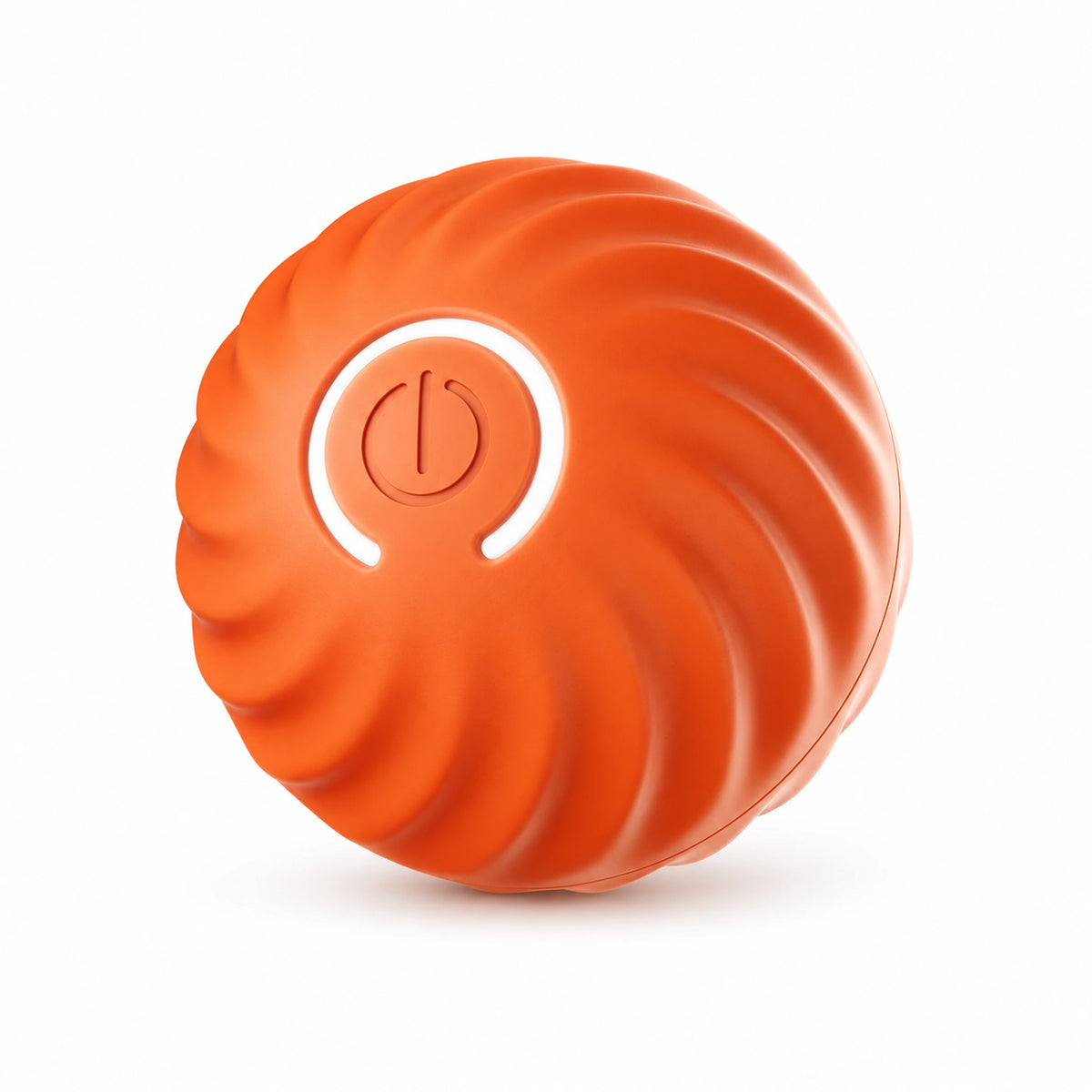 Orange rechargeable bouncing dog ball with spiral ribs, recessed power button and open light ring