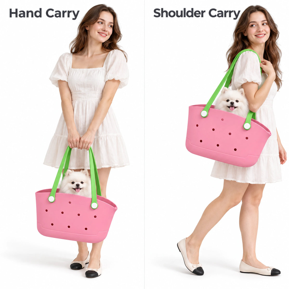 Pink and green open pet carrier basket shown carried by hand and over a shoulder