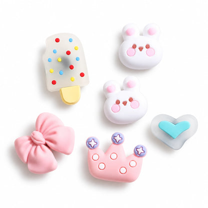 Six-piece ice cream and bunny decorative hole charm set with two bunny faces, bow, heart and crown