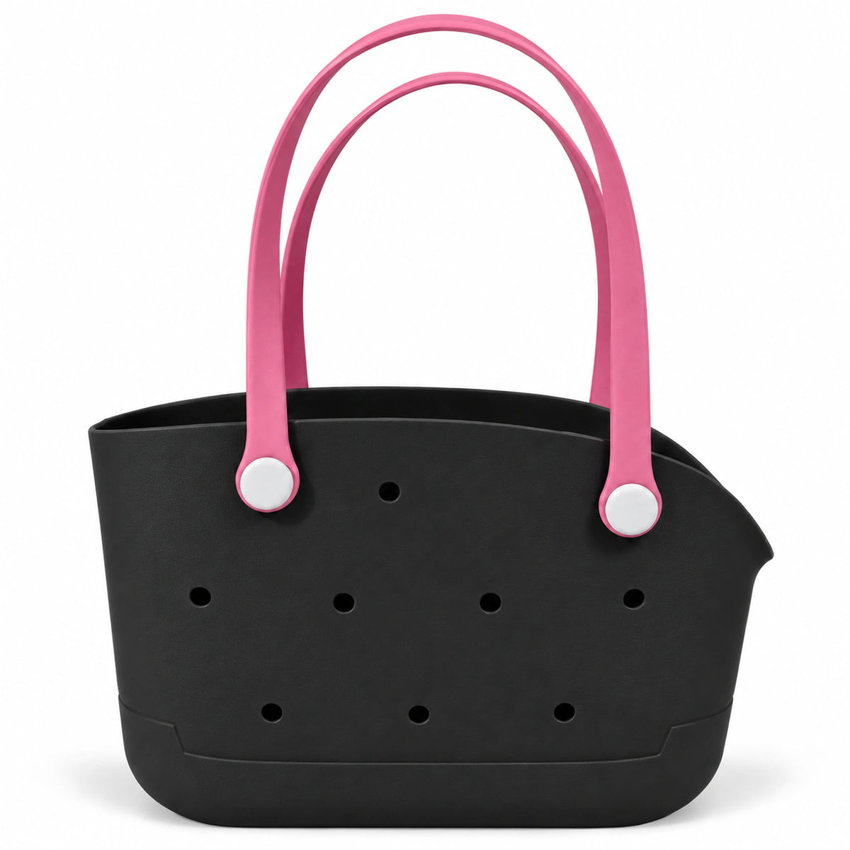 Undecorated Black/Pink open pet carrier basket with long loop handles on a white background