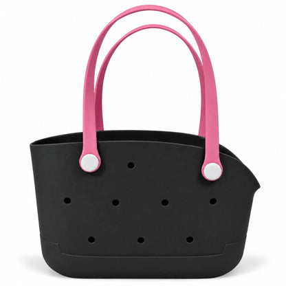 Undecorated Black/Pink open pet carrier basket with long loop handles on a white background