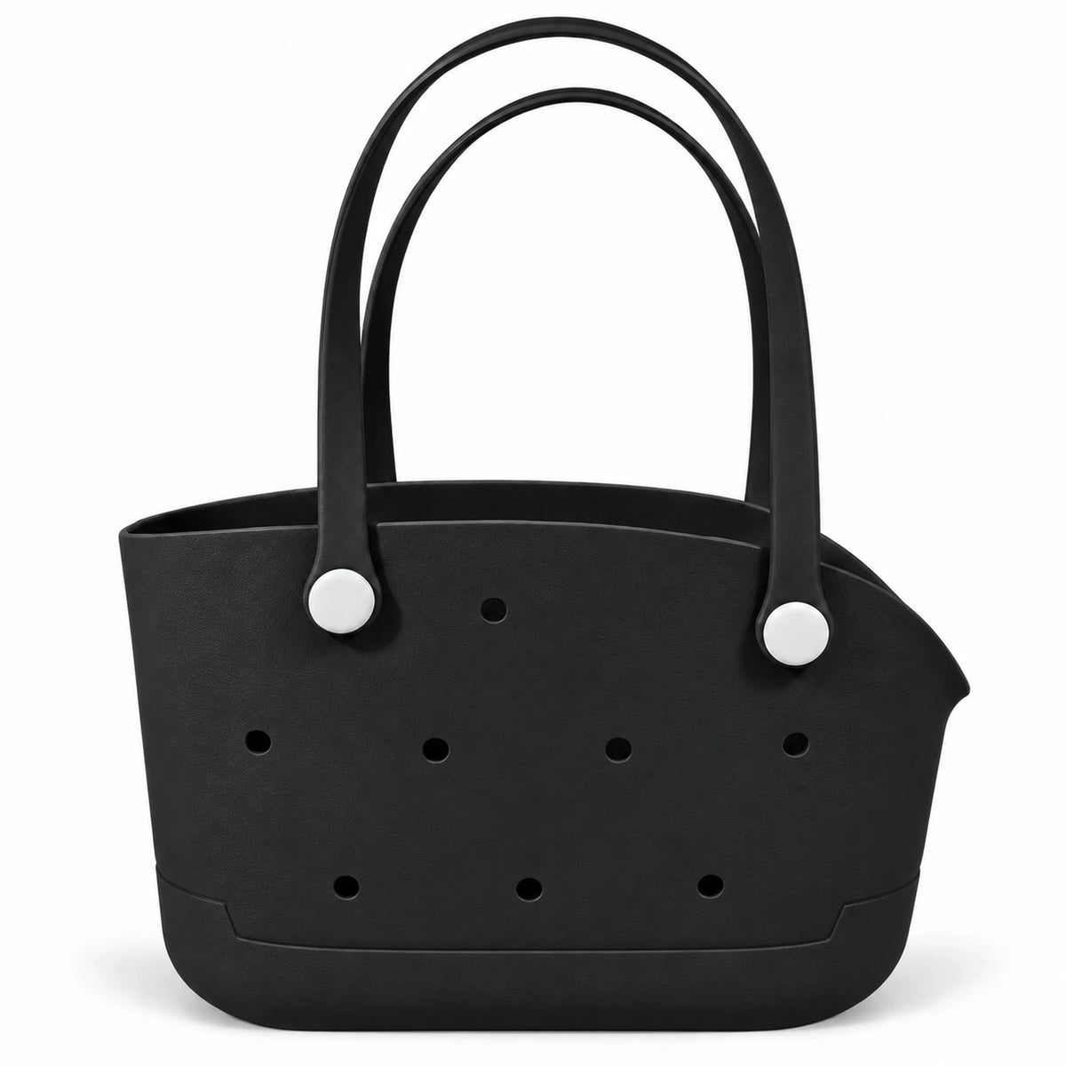 Undecorated Black open pet carrier basket with long loop handles on a white background