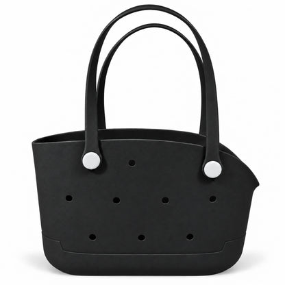 Undecorated Black open pet carrier basket with long loop handles on a white background