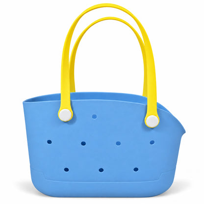 Undecorated Blue/Yellow open pet carrier basket with long loop handles on a white background