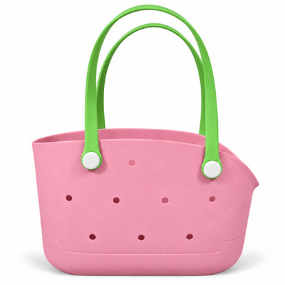Undecorated Pink/Green open pet carrier basket with long loop handles on a white background
