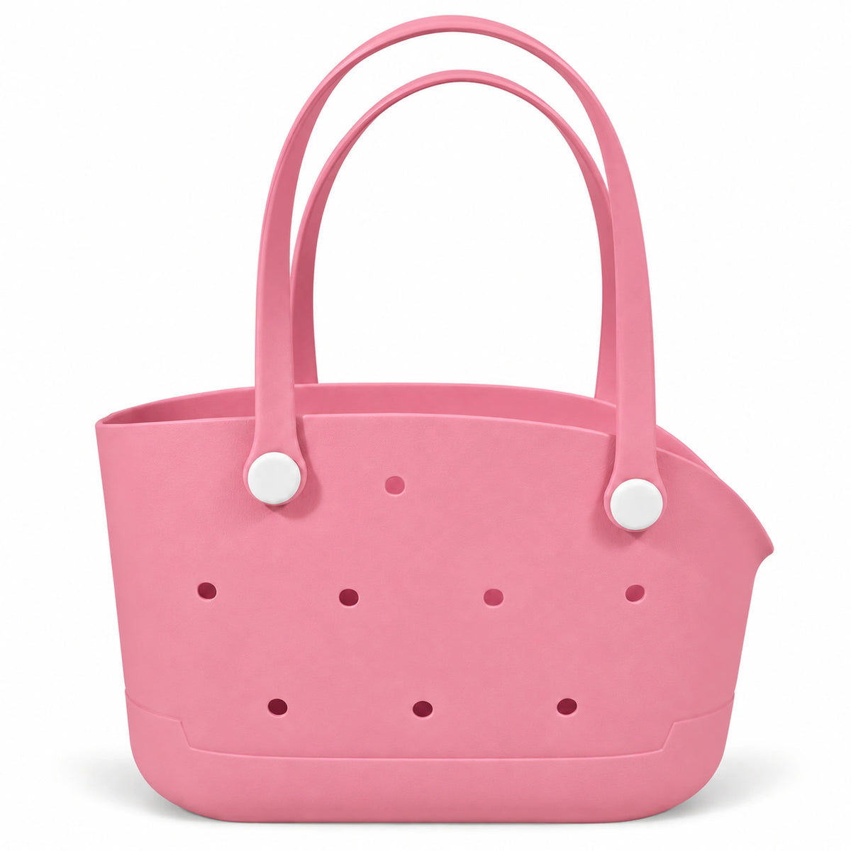 Undecorated Pink open pet carrier basket with long loop handles on a white background