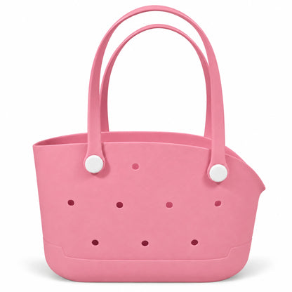Undecorated Pink open pet carrier basket with long loop handles on a white background