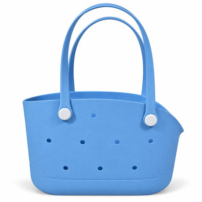 Undecorated Sky Blue open pet carrier basket with long loop handles on a white background